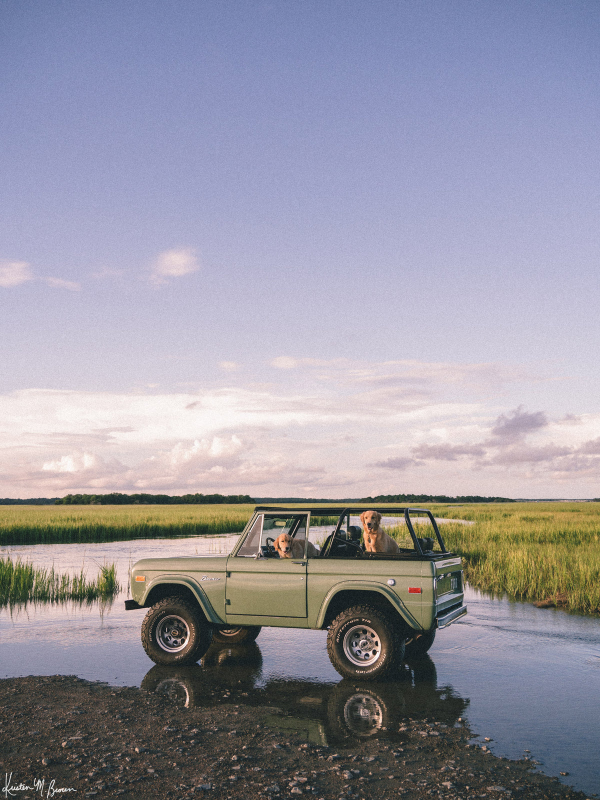 Photographic art print featuring a vintage green Ford Bronco along the marsh landscape under a pale blue sky with golden retrievers dogs waiting for an adventure. Lowcountry golden hours hit different when you’ve got four-wheel drive, a tailgate full of tail wags, and nowhere you’d rather be. "Best Friends and Bronco Rides" photo print of golden retrievers waiting for you to hop in a vintage Bronco to start the afternoon adventure along the marsh in Charleston, SC. Photograph by Kristen M. Brown.