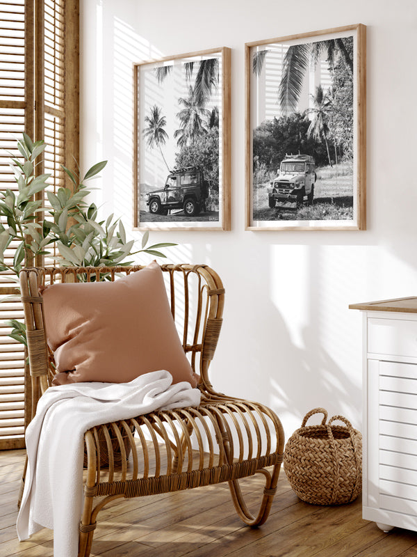 Vintage Land Rover photo prints in black & white in beach house with rattan bamboo furniture. Land Rover wall art at The Sunset Shop by Kristen M. Brown.