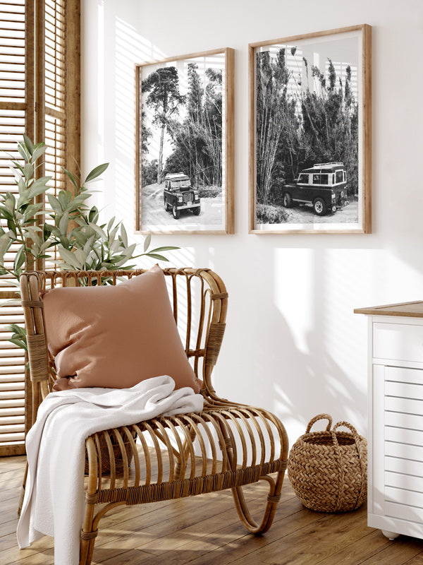 Vintage Land Rover photo prints in black & white in beach house with rattan bamboo furniture. Land Rover wall art at The Sunset Shop by Kristen M. Brown.