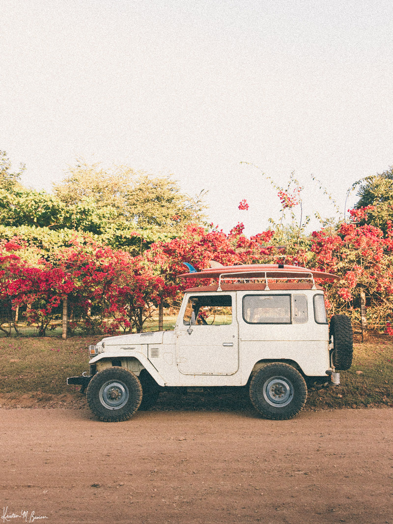 &quot;Blooming and Cruising&quot; photo print of vintage Toyota FJ40 Land Cruiser racked up with surfboards among vibrantly blooming Bougainvillea flowers in Costa Rica. Photographed by Costa Rica photographer Kristen M. Brown of Samba to the Sea for The Sunset Shop.