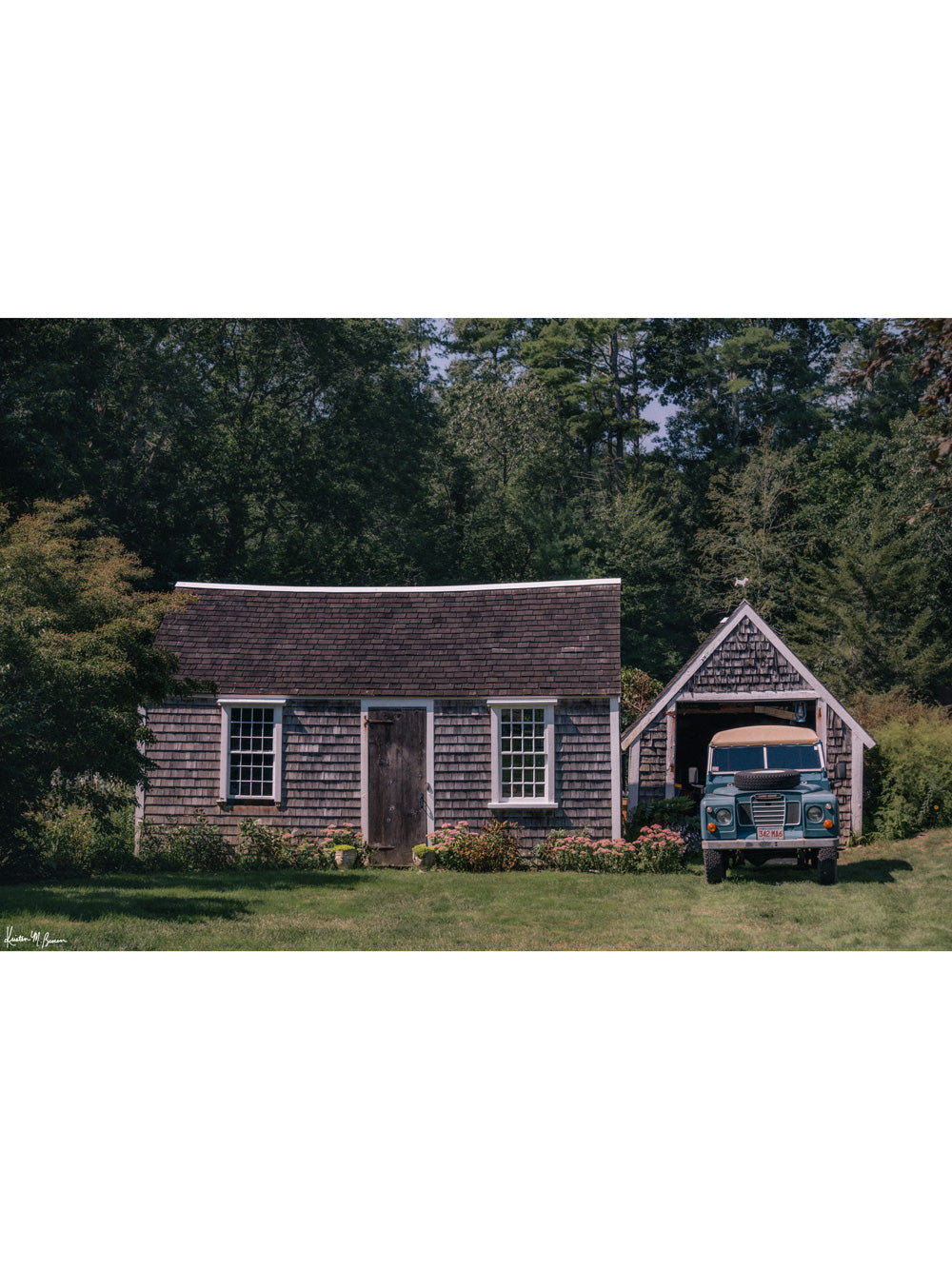 "Blue River Rover" photo print of classic Land Rover series three perfectly parked in front of a coastal New England cedar shake cottage. Photographed by Kristen M. Brown of Samba to the Sea for The Sunset Shop.