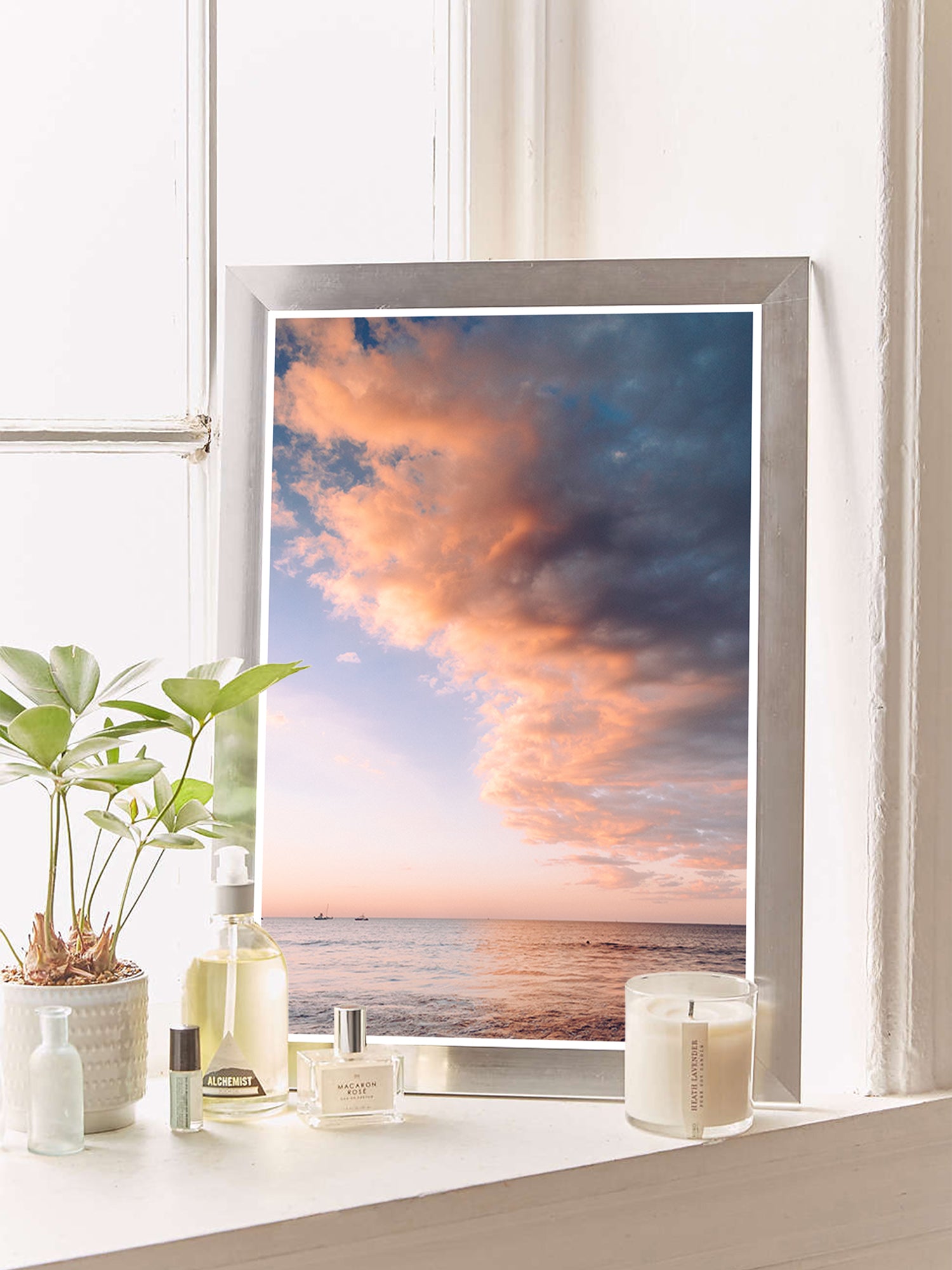 Bathroom wall art of serene sunset pastel blue and pink sunset sky over the Pacific Ocean in Costa Rica. "Candy Land" photographed by Kristen M. Brown, Samba to the Sea at The Sunset Shop.