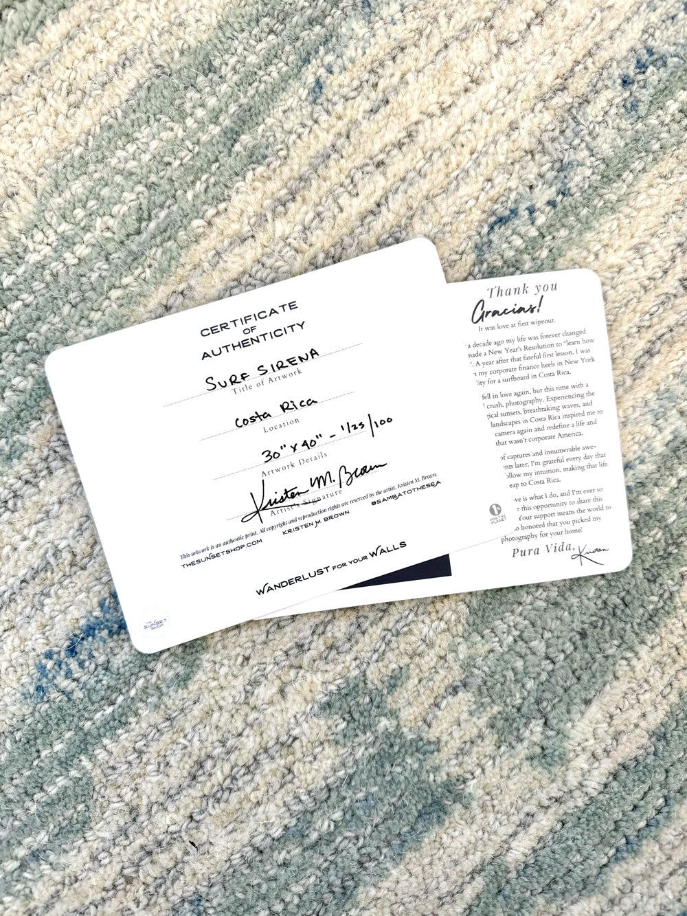 Certificate of authenticity for photography prints by Kristen M. Brown.