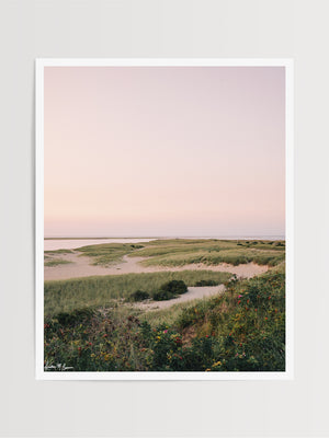 "Chatham en Rose" fine art photo print of a pastel sunrise in Cape Cod. Pastel sunrise glow over the dunes at Lighthouse Beach in Chatham, Cape Cod.  Photographed by Kristen M. Brown of Samba to the Sea for The Sunset Shop.