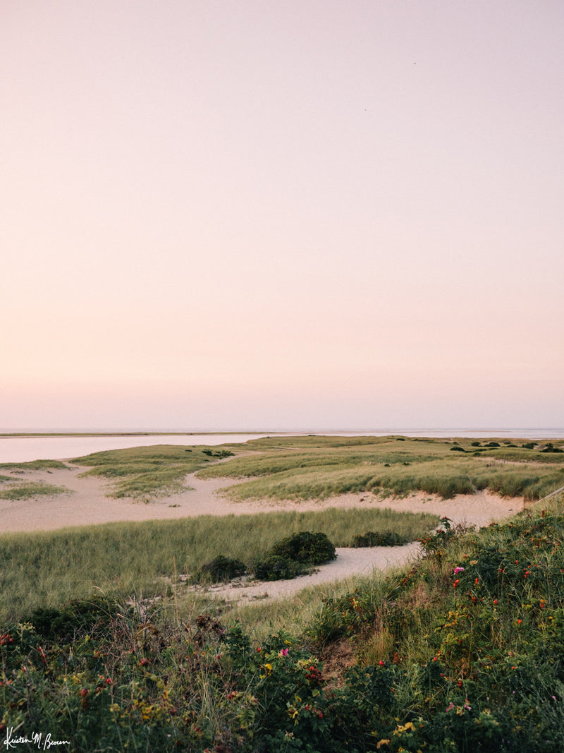 Pastel sunrise glow over the dunes at Lighthouse Beach in Chatham, Cape Cod. "Chatham en Rose" fine art photo print of a pastel sunrise in Cape Cod. Photographed by Kristen M. Brown of Samba to the Sea for The Sunset Shop.