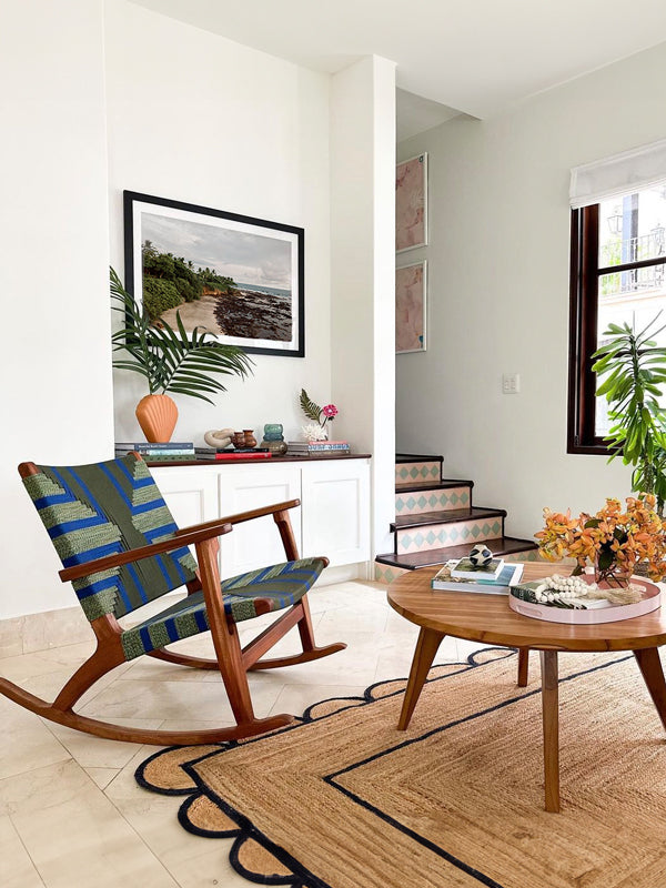 Coastal wall art. Aerial image of the the beach in Playa Junquillal Costa Rica. Aerial beach print by Samba to the Sea at The Sunset Shop. Coastal living room designed by Hannah Crowell in Las Catalinas, Costa Rica with Masaya and Co rocking chair and coffee table. Costa Rica photography print by Kristen M. Brown. 