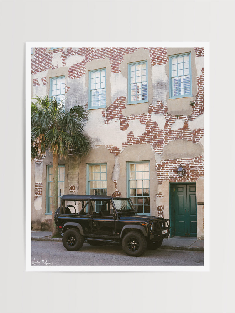  "Dock D90" photo print of Land Rover Defender 90 in historic downtown Charleston, SC. Photographed by Kristen M. Brown of Samba to the Sea for The Sunset Shop.