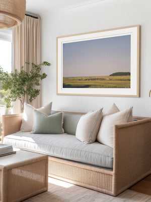 Coastal living room with Land Rover photo print.  "Full Moon Rover" photo print of Land Rover Series 3 roving the marsh in Cape Cod as the full moon sets. Photographed by Kristen M. Brown of Samba to the Sea.