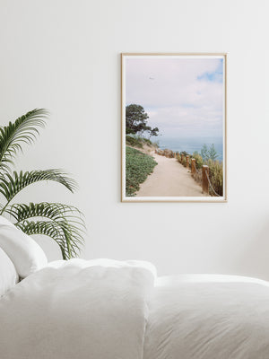 "Good Times and Coastlines" photo print of a beautiful morning coastal trail hike as the marine layer fades away in La Jolla, California by Kristen M. Brown of Samba to the Sea for The Sunset Shop. La Jolla California ocean photo print in tropical coastal bedroom.