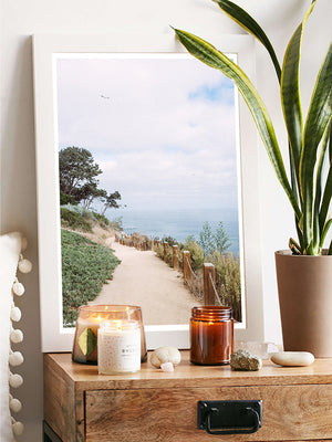 "Good Times and Coastlines" photo print of a beautiful morning coastal trail hike as the marine layer fades away in La Jolla, California by Kristen M. Brown of Samba to the Sea for The Sunset Shop. La Jolla California ocean photo print in coastal room.