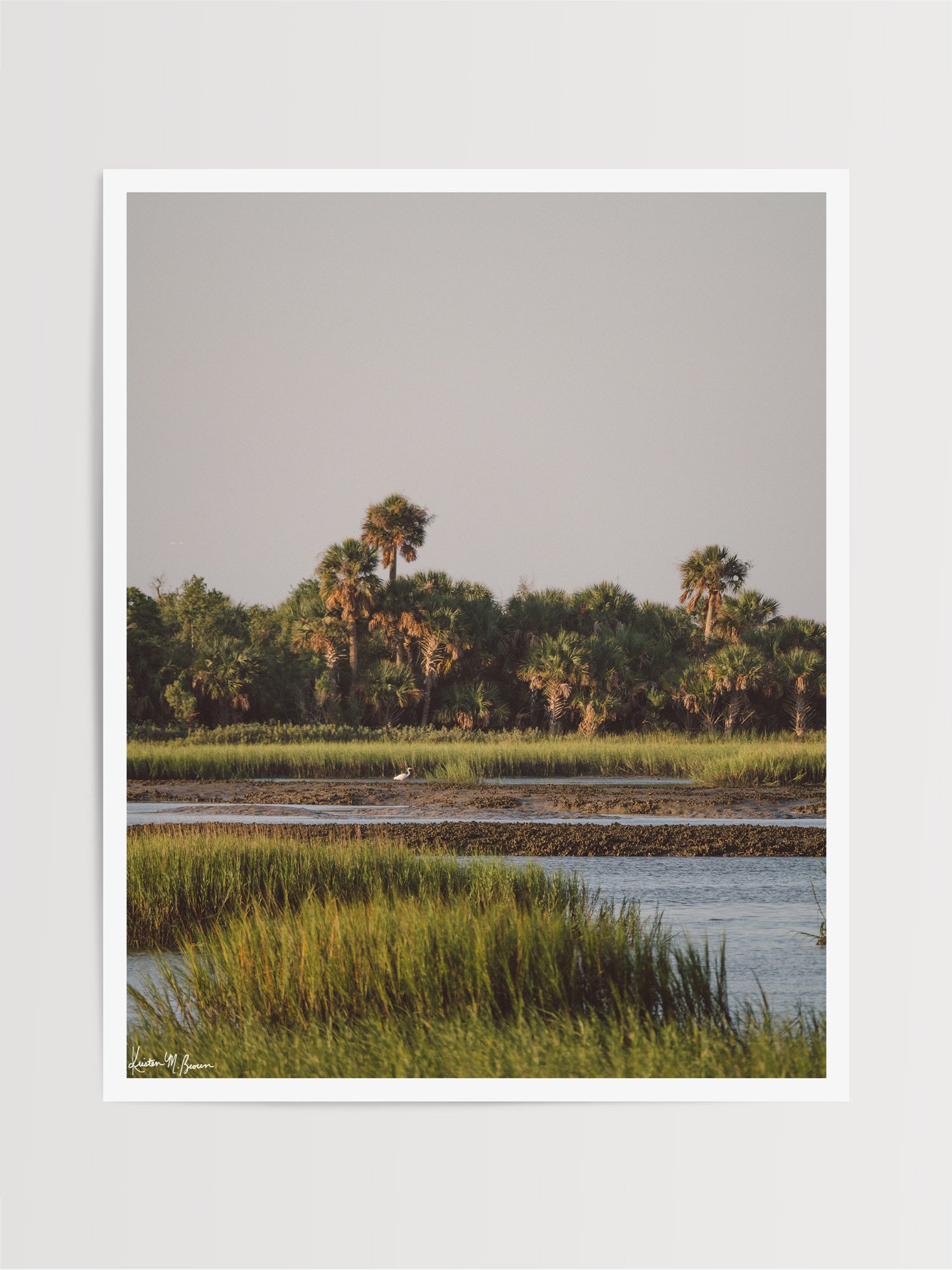 In the heart of the Lowcountry marsh, amongst a dense hammock of palmettos catching the soft, sun-dappled early morning glow, the tide recedes to reveal a quiet, untouched world where native wildlife rules the shore.  "Heron Island" photograph of a graceful white egret heron in the shallow tidal flats, framed by exposed oyster beds and lush, golden-green marsh grass. Photo print by Kristen M. Brown of Samba to the Sea for The Sunset Shop.