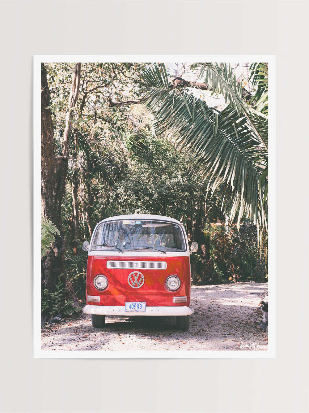 Tropical red VW bus print in Nosara, Costa Rica. "Jingle Bus" print by Kristen M. Brown, Samba to the Sea.