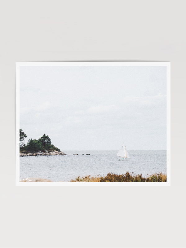 "Just Coasting" photo print of Herreshoff 12 sailing along the New England coast. Photographed by Kristen M. Brown of Samba to the Sea for The Sunset Shop.