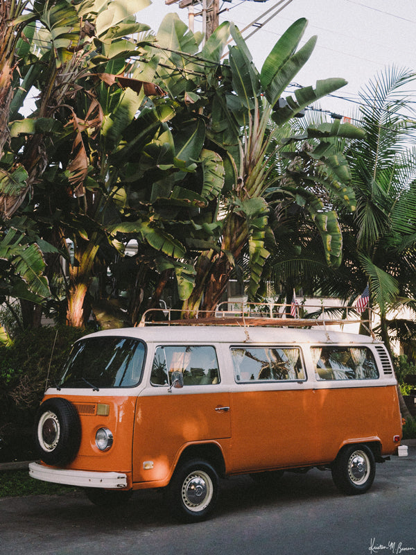 Orange VW Bus photo print in Southern California. “Leucadia Bus” photo print of a beautiful vintage VW Bus in Encinitas, California by Kristen M. Brown of Samba to the Sea for The Sunset Shop. 