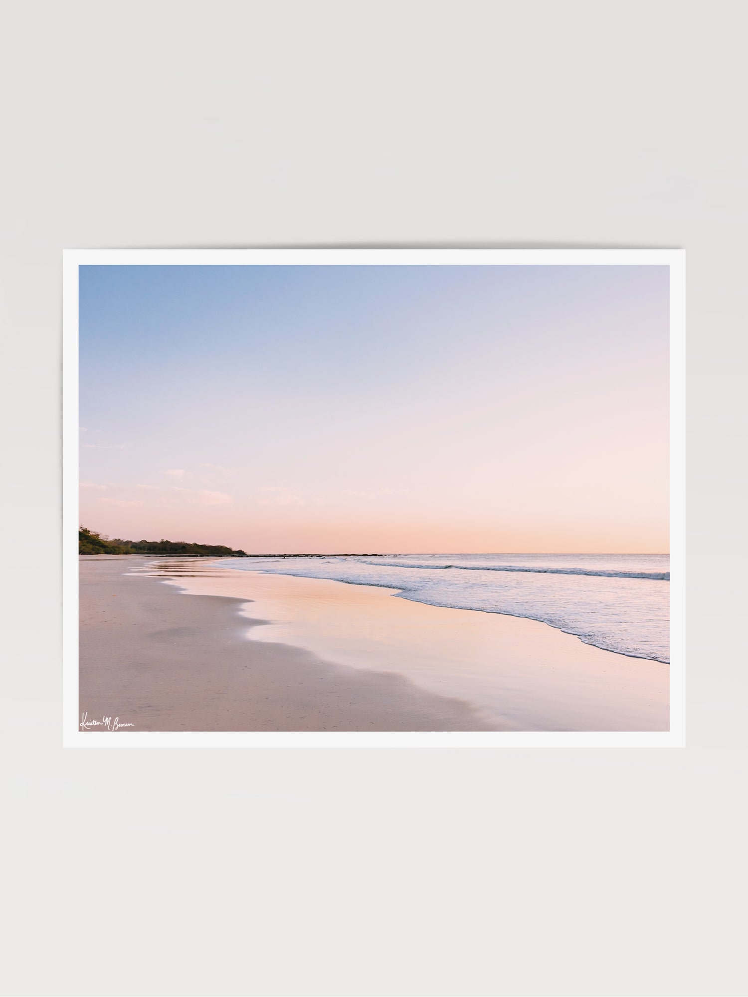 "Life's a Peach" beach sunset print by Samba to the Sea at The Sunset Shop. Image is a pastel peach sunset at the beach in Playa Langosta, Costa Rica.