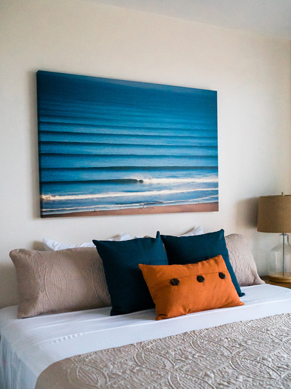 “Liquid Dreams” Costa Rica surf wall art. Canvas photo print of corduroy wave lines in Costa Rica. Hung in beautiful ocean view home "Angel Mar" in Tamarindo. Photographed by Kristen M. Brown, Samba to the Sea.
