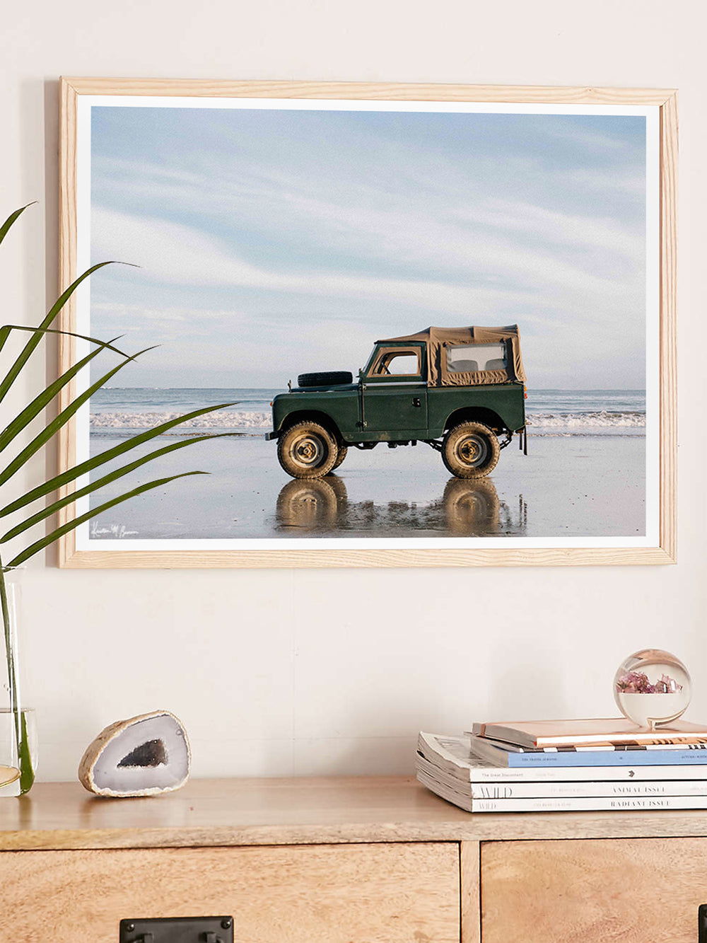 Land Rover photography artwork for the living room. Say buenos dias, good morning to the beach adventure that awaits you with this classic Land Rover Series two! Glowing in the soft early morning light, &quot;Low Tide Rover&quot; is waiting for you! Photo print by Kristen M. Brown of Samba to the Sea for The Sunset Shop.