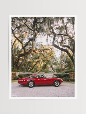 Classic Ferrari photo print. Gorgeous classic Ferrari 365 parked under the Live Oak trees in the Lowcountry of Savannah, Georgia. Photographed by Kristen M. Brown of Samba to the Sea.