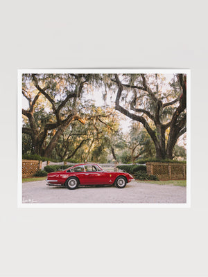 Classic Ferrari photo print. Gorgeous classic Ferrari 365 parked under the Live Oak trees in the Lowcountry of Savannah, Georgia. Photographed by Kristen M. Brown of Samba to the Sea.
