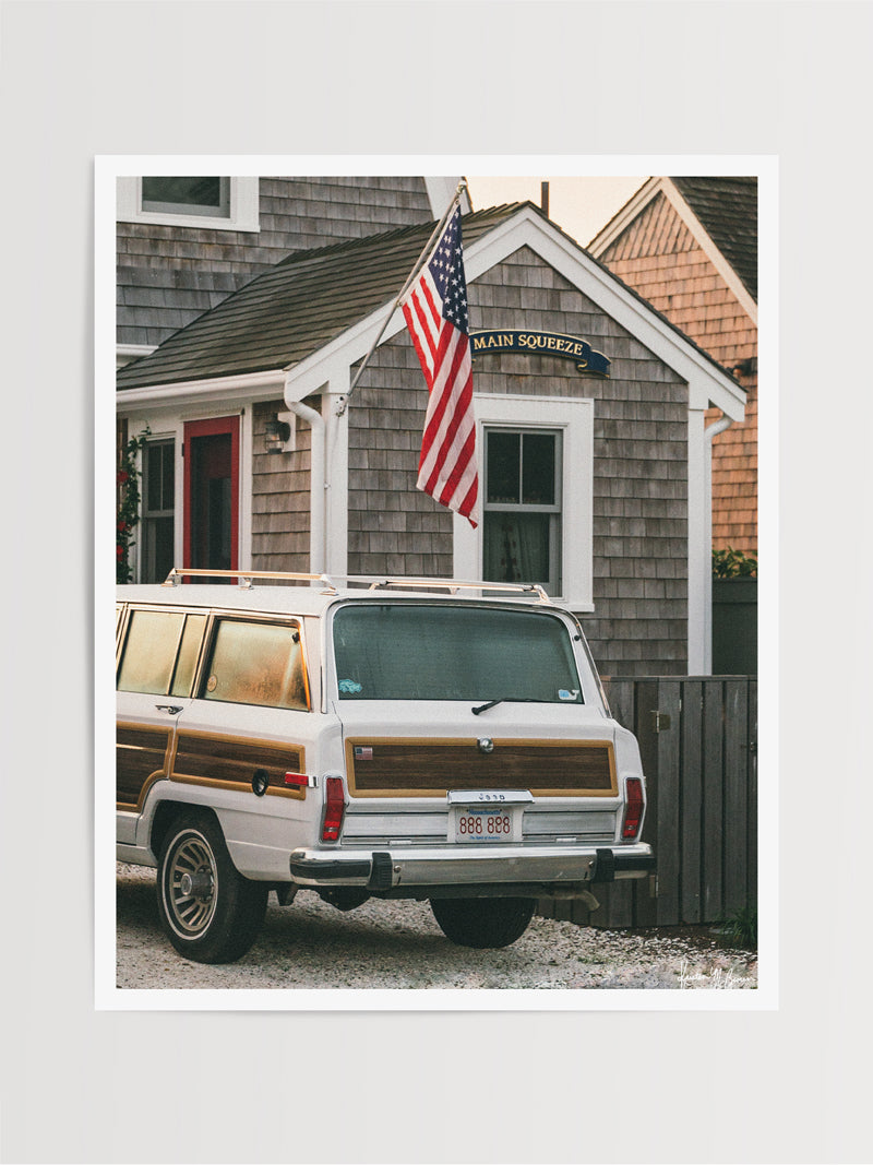 “Main Squeeze Wagoneer“ fine art photo print of classic Jeep Wagoneer parked at a beach house in Cape Cod. Photographed by Kristen M. Brown of Samba to the Sea for The Sunset Shop.