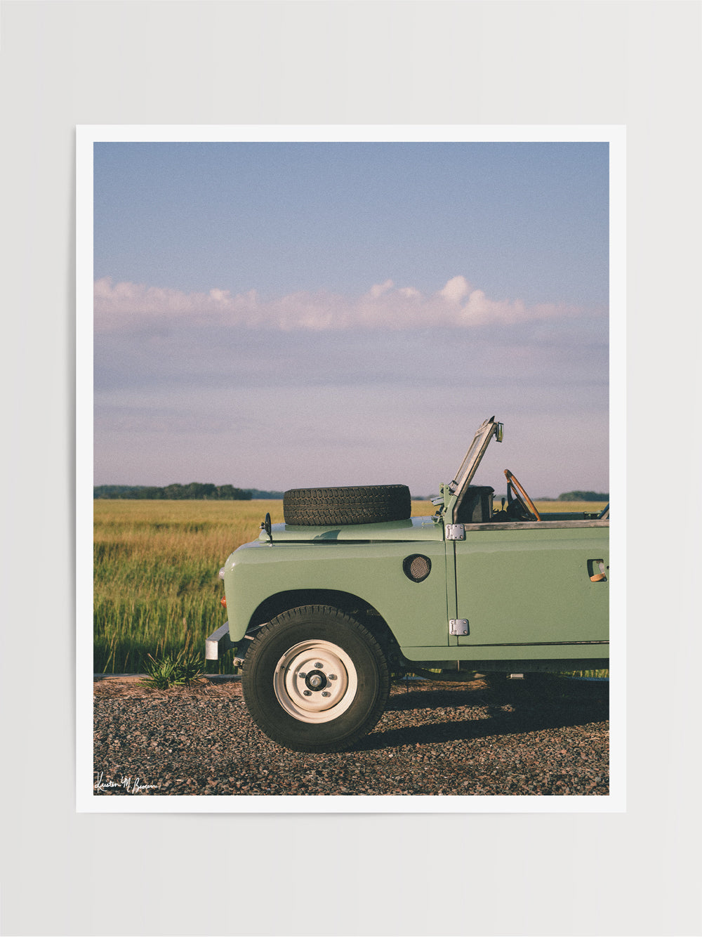 There&#39;s nothing like the soft, warm golden light and a scenic drive along the marsh in a classic Land Rover series. Hop on in and cruise along the lowcountry!&quot;Marsh Rover&quot; photo print of Land Rover series parked along the marsh in Charleston, SC. Photographed by Kristen M. Brown of Samba to the Sea.