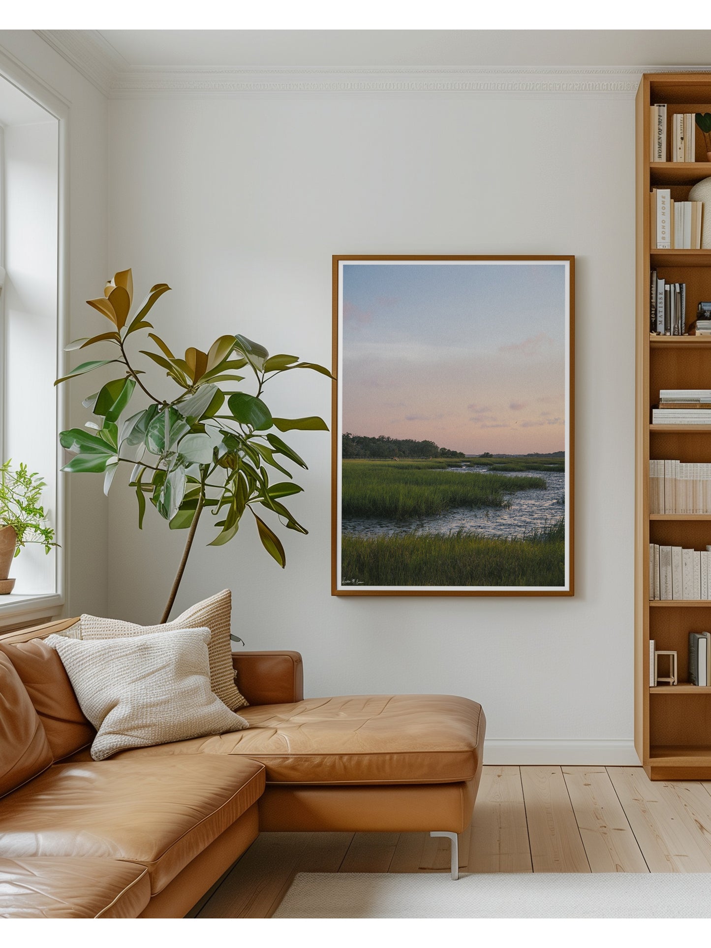 Framed scenic landscape photograph of pastel sunset over the low tide marsh. When the day settles into twilight, the marsh softens into a painterly blend of pastel skies, swaying marsh grass, and the gentle ebb of the tide. Photo print by Kristen M. Brown of Samba to the Sea for The Sunset Shop.