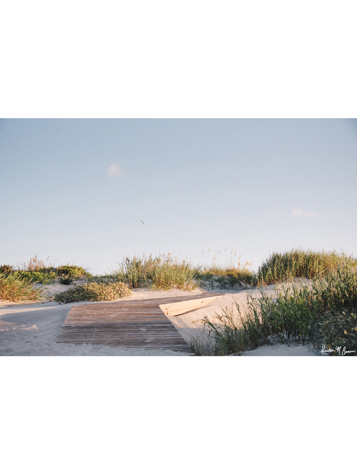 Through the wandering beach dunes and just over the boardwalk the shoreline awaits your morning stroll. Bring the tranquil rhythm of rolling beach dines and the soothing warmth of a coastal morning into your everyday space with "Morning Drift". Kiawah beac photo print by Kristen M. Brown of Samba to the Sea for The Sunset Shop.