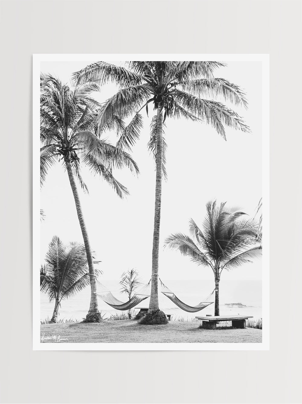 Can you feel that ocean breeze and warm sunshine kissing your skin as you sway in that hammock right about now? "No Palm-blems" is the perfect black and white print to help you have a piece of your happy place, no matter where you may live. Hammocks under palm trees at the beach in Costa Rica. Photo by Samba to the Sea.