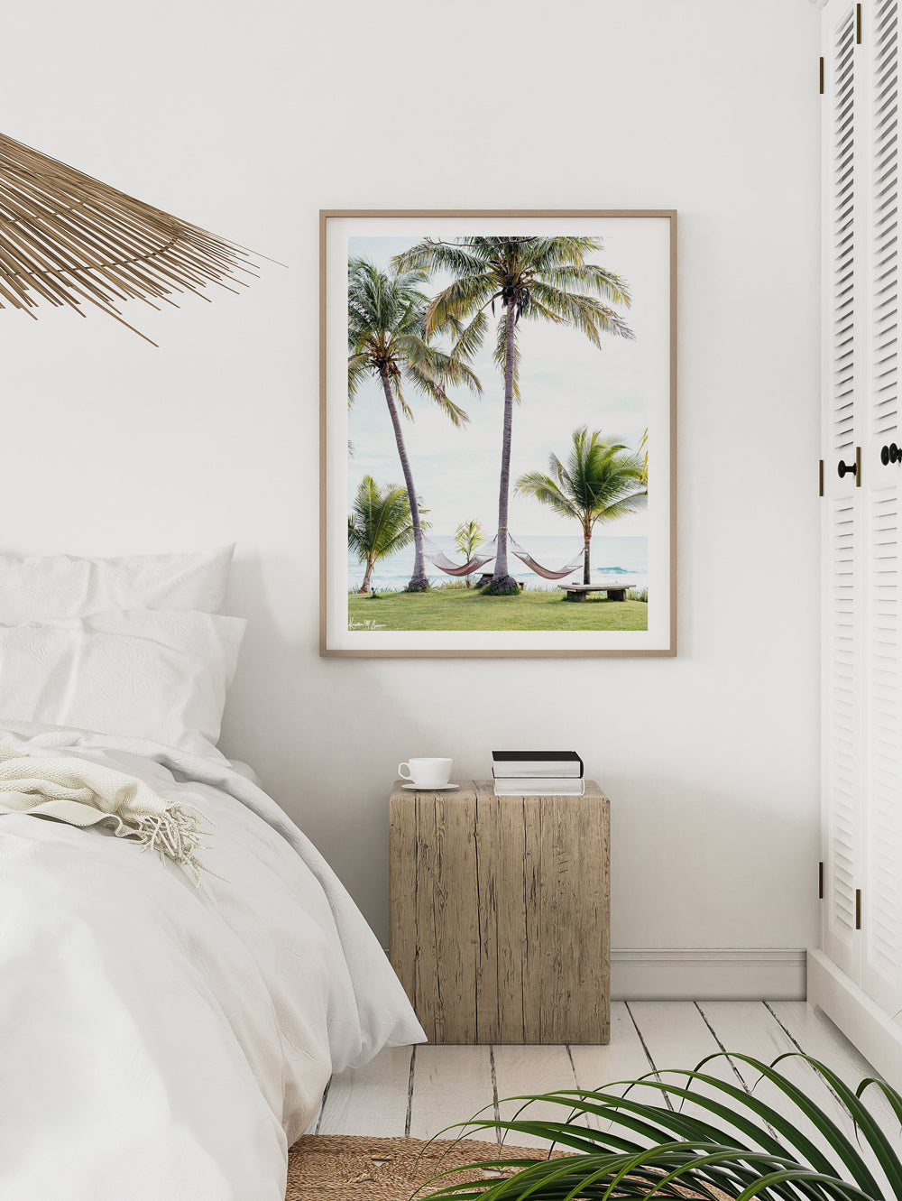 Ocean view hammocks under palm trees in Costa Rica. Beach print at The Sunset Shop by Samba to the Sea. White boho coastal bedroom with palm trees and hammocks photography print Costa Rica. Fine Art Photos by Kristen M. Brown of Samba to the Sea for The Sunset Shop.