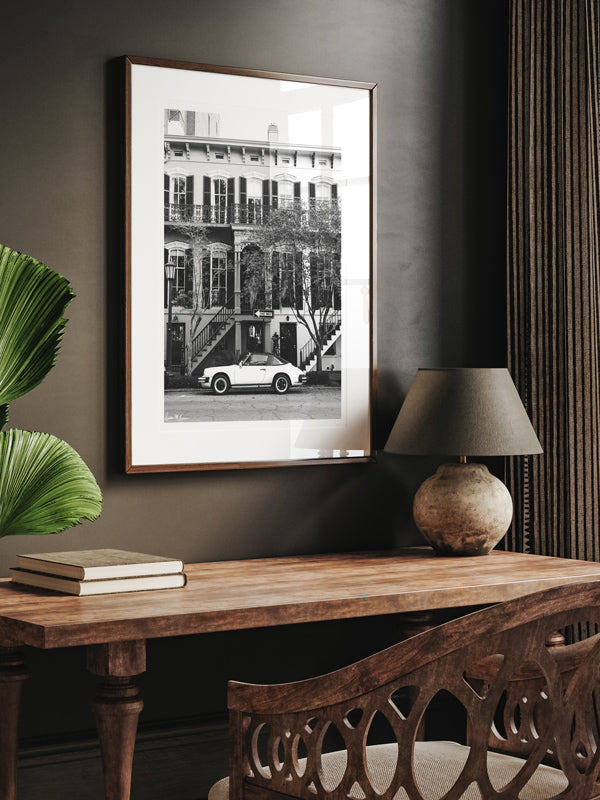 Porsche 911 parked in Savannah Georgia black and white photo print for your home office.  Welcome back to your Savannah daydream, all from the comfort of your work from home office…wherever home may be with this B&W photo print "One Way 911". 