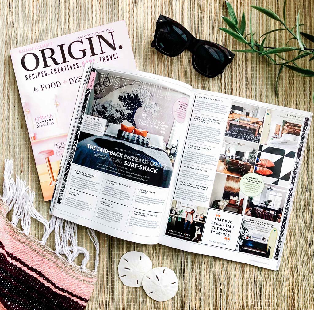 Kristen M. Brown's sunset and beach photography prints featured in Southern Mesa's home in Origin magazine.