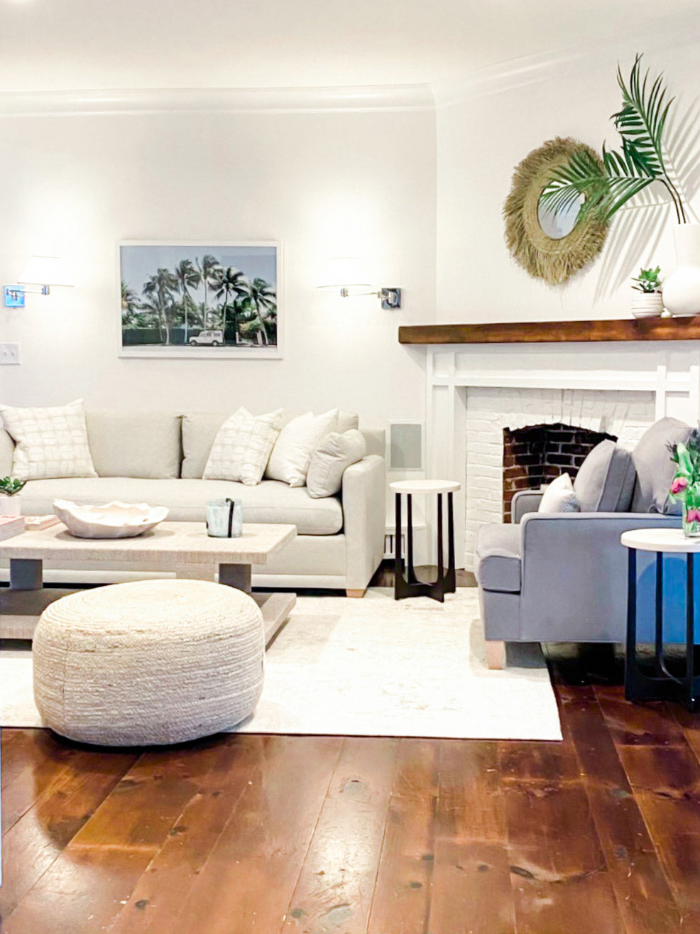 Land Rover and palm trees photo print hanging in a neutral coastal beach home in New Jersey. Interior designed by Christina Kim Interior Design. Land Rover Palm Tree photo print "Palm Tree Nomad" photographed by Kristen M. Brown of Samba to the Sea.