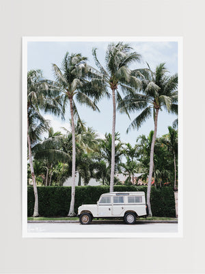 Vintage Land Rover Defender parked in front of palm trees in Palm Beach, Florida. Land Rover photo print by Kristen M. Brown of Samba to the Sea, available at The Sunset Shop
