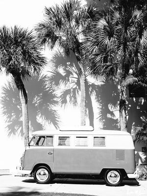 Life is simple - - surf 🏄🏼‍♀️ , jam 🎸, live life in a VW Van 🚌 . Channel those carefree, summertime vanlife beach days at home with this palm trees VW bus print. Black & White VW bus wall art print "Palmetto Bus" perfectly parked under Palmetto palm trees in Miami. By Kristen M. Brown of Samba to the Sea for The Sunset Shop.