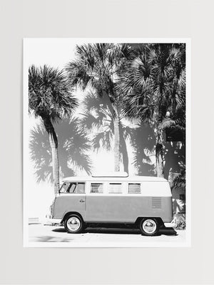 Life is simple - - surf 🏄🏼‍♀️ , jam 🎸, live life in a VW Van 🚌 . Channel those carefree, summertime vanlife beach days at home with this palm trees VW bus print. Black & White VW bus wall art print "Palmetto Bus" perfectly parked under Palmetto palm trees in Miami. By Kristen M. Brown of Samba to the Sea for The Sunset Shop.