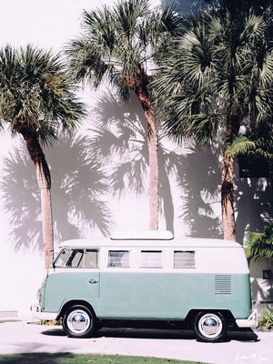 Life is simple - - surf 🏄🏼‍♀️ , jam 🎸, live life in a VW Van 🚌 . Channel those carefree, summertime vanlife beach days at home with this palm trees VW bus print. VW bus wall art print "Palmetto Bus" perfectly parked under Palmetto palm trees in Miami. By Kristen M. Brown of Samba to the Sea for The Sunset Shop.