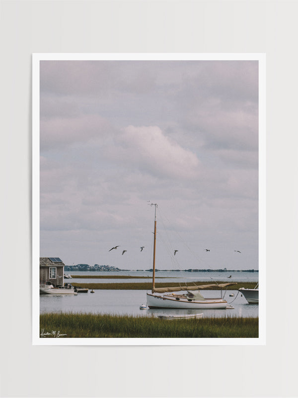 "Path to Powder Point" photo print of wood sailboat moored in Coastal Massachusetts. Photographed by Kristen M. Brown of Samba to the Sea for The Sunset Shop.