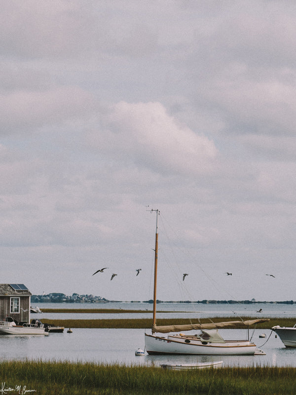 "Path to Powder Point" photo print of wood sailboat moored in Coastal Massachusetts. Photographed by Kristen M. Brown of Samba to the Sea for The Sunset Shop.