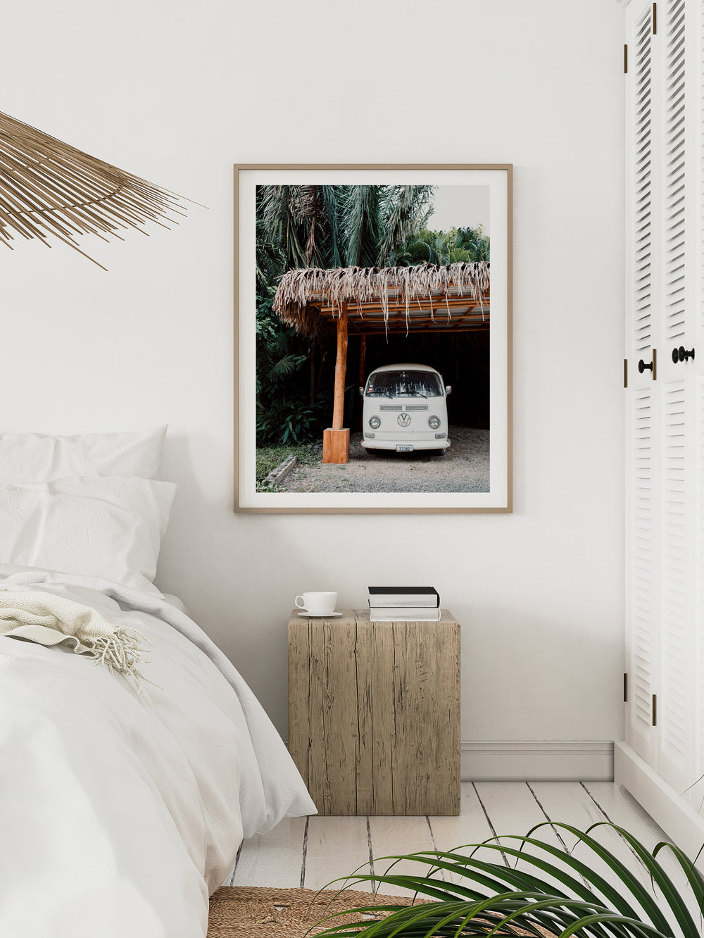 Channel those carefree, summertime vanlife beach days at home with this palm trees VW bus print.  VW bus art print "Pura Vida Bus" in coastal boho bedroom photographed in Nosara, Costa Rica. By Kristen M. Brown of Samba to the Sea for The Sunset Shop.