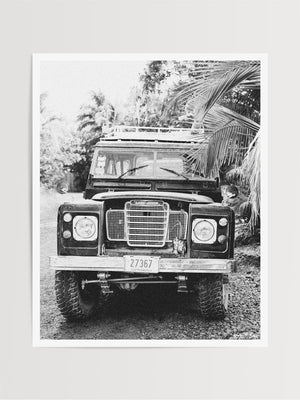 Because life is all about the magic in the detours and the beauty of taking time to explore bumpy, back road dirt roads in tropical paradise with a vintage Land Rover just like this. Black & White Vintage Land Rover Series 3 in Nosara, Costa Rica. Photographed by Kristen M. Brown, Samba to the Sea for The Sunset Shop.