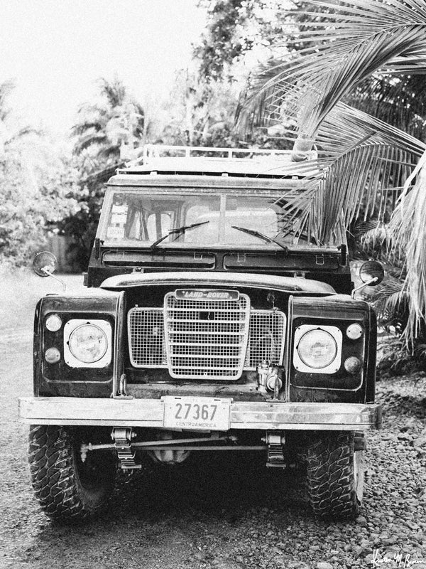 Because life is all about the magic in the detours and the beauty of taking time to explore bumpy, back road dirt roads in tropical paradise with a vintage Land Rover just like this. Black &amp; White Vintage Land Rover Series 3 in Nosara, Costa Rica. Photographed by Kristen M. Brown, Samba to the Sea for The Sunset Shop.