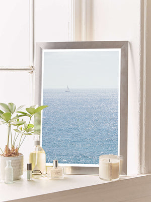 "Saildream" photo print of a beautiful sun soaked afternoon sail along the Southern California Coast. Photo print by Kristen M. Brown of Samba to the Sea for The Sunset Shop. Southern California sailing photography wall art in coastal living room.