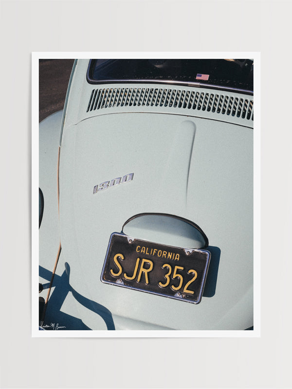 "Seaside Bug" photo print of classic VW Bug 1300 in the dreamiest shade of seaside turquoise. Photographed by Kristen M. Brown of Samba to the Sea for The Sunset Shop.