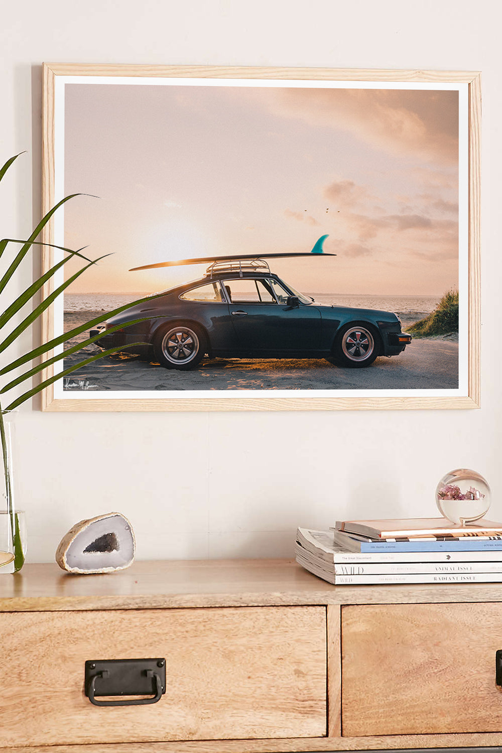 Photograph of vintage Porsche 911 parked at the beach with a classic single fin surfboard amidst a pastel pink sunset sky. "Single Fin Sunset Ride" photographed by Kristen M. Brown, Samba to the Sea.