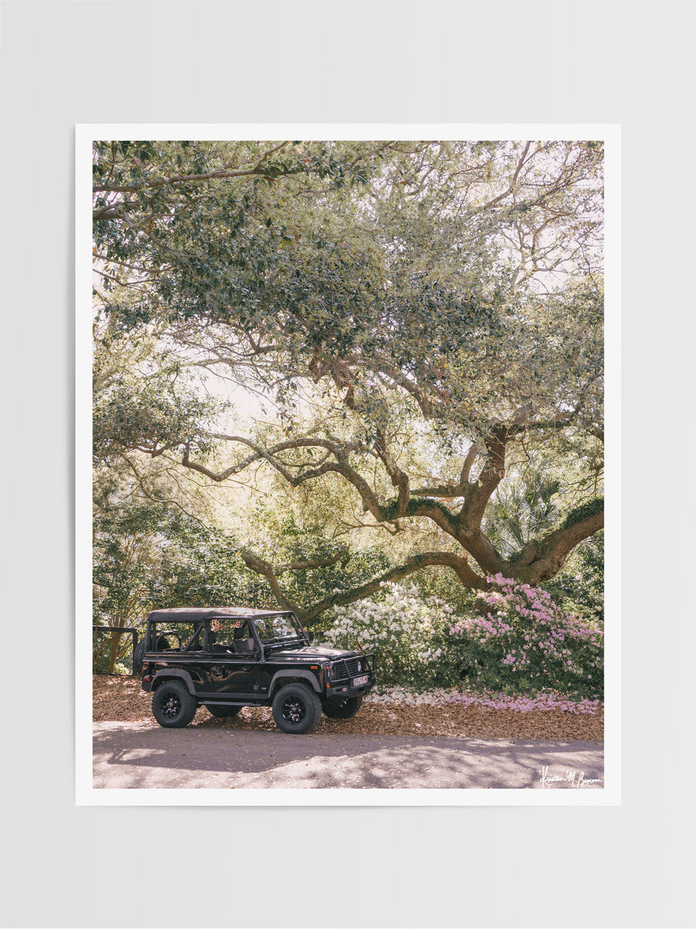 Experience the timeless ruggedness of a Land Rover Defender 90 set against the enchanting backdrop of the lush Lowcountry landscape. With the soft, early morning springtime sun filtering through the oak trees and the Azaleas in full bloom, this Rover is ready for it's weekend adventure! Photo print by Kristen M. Brown of Samba to the Sea for The Sunset Shop.