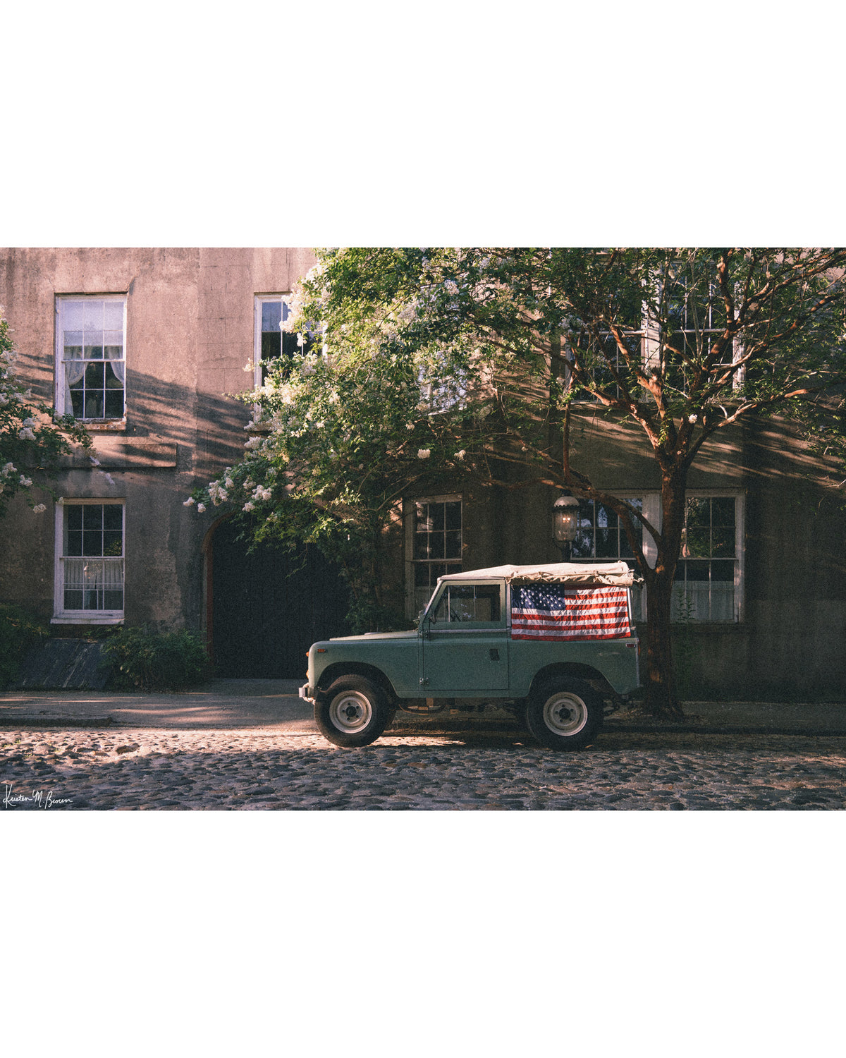 A vintage green Land Rover Series with an American flag draped over the rear window, parked on a cobblestone street in historic Charleston with blooming white Crepe Myrtle flowers. "Stars & Stripes & Series" is a journey into the charming streets of historic Charleston, where beauty and nostalgia meet. Vintage Land Rover photo print by Kristen M. Brown of Samba to the Sea for The Sunset Shop.