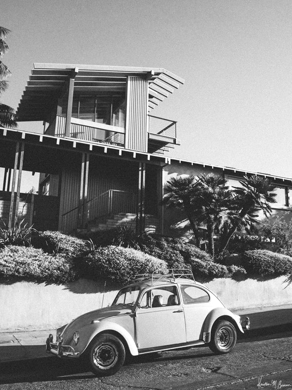 "Stonesteps Bug" black and white photo print of classic VW Bug 1300 perfectly parked at Stonesteps in Encinitas, CA. Photographed by Kristen M. Brown of Samba to the Sea for The Sunset Shop.