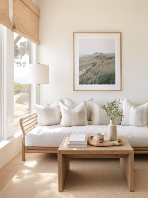 &quot;Sugarplum&quot; photo print of rolling beach dunes and beach grass in coastal New England, Plum Island, MA framed print hanging in serene coastal living room. Photographed by Kristen M. Brown of Samba to the Sea for The Sunset Shop.