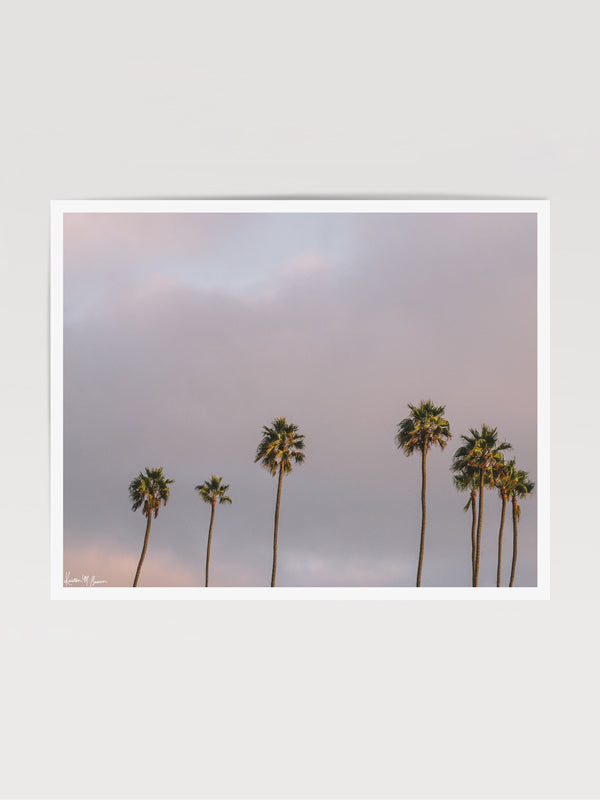 Palm trees sunset sky over Swami’s in Encinitas, California. “Swamis Sunset” palm tree sunset sky photo print by Kristen M. Brown of Samba to the Sea for The Sunset Shop. Southern California palm trees sunset photography wall art in coastal living room.