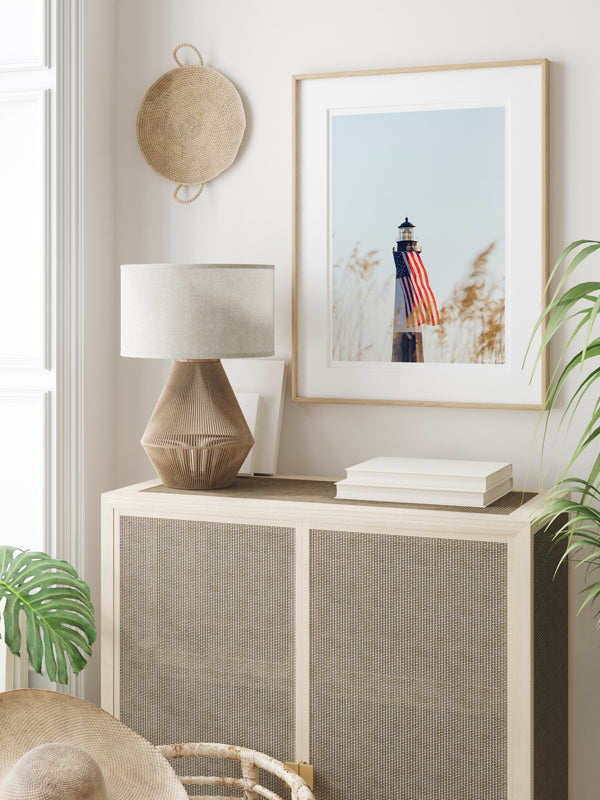 Coastal Americana living room. There she was, dancing in the sea breeze with the sea grass and shimmering in the late afternoon sun! Majestic American flag hanging from the Tybee Island Lighthouse in Tybee Island, GA. "Sweet Liberty" photographed by Kristen M. Brown, Samba to the Sea for The Sunset Shop.